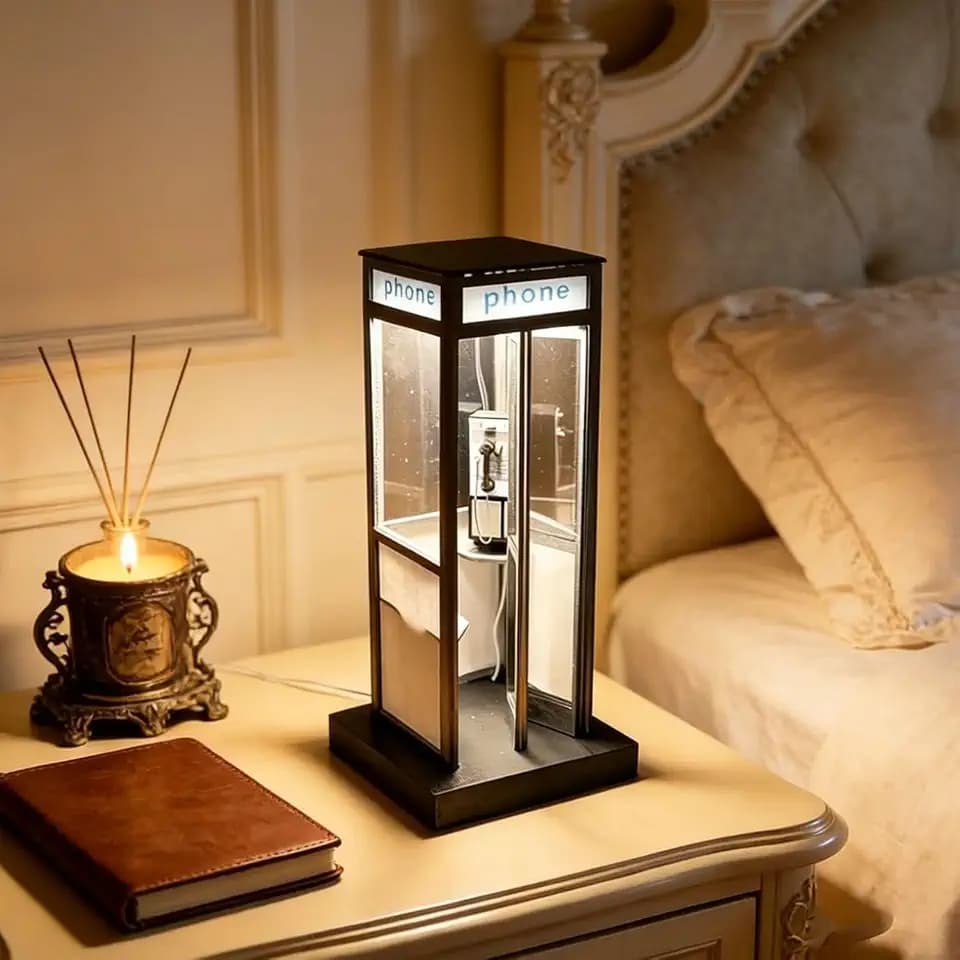 Retro Vintage Tall Phonebooth Lamp, Mini Telephone Booth Ambient Desk Light for Home Decor, Retro Tall Telephone Booth Table Lamp with Warm LED Light, Mini British Telephone Booth Table Lamp