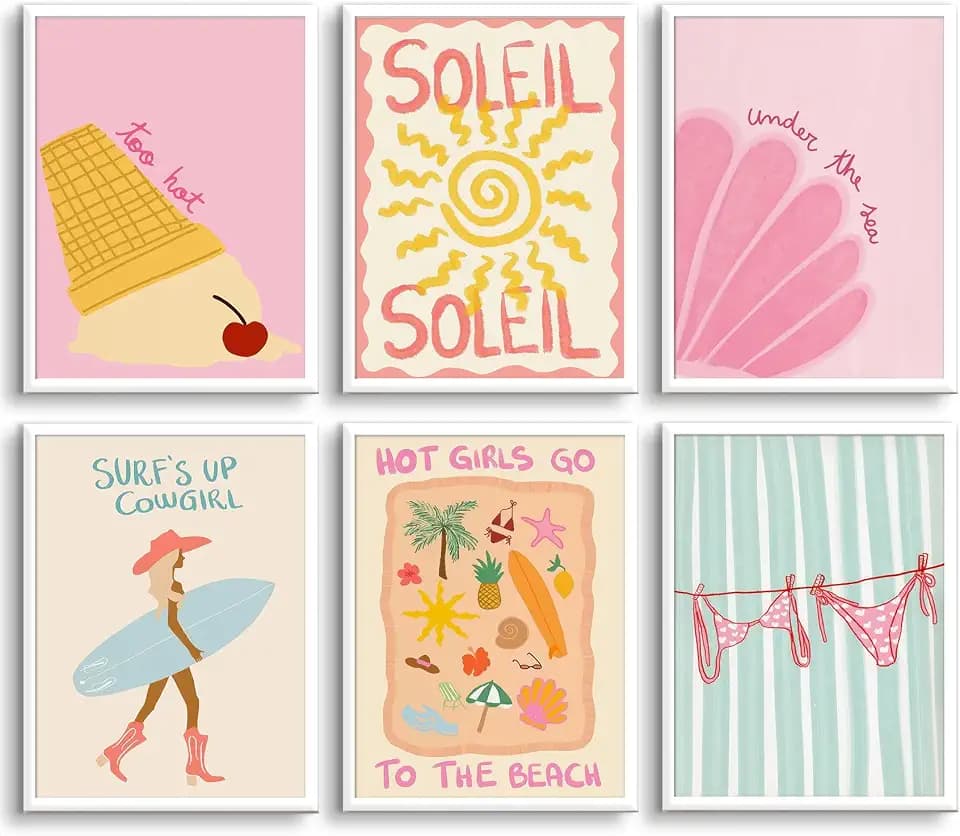 6Pcs Coastal Surfing Preppy Wall art Beach Granddaughter Aesthetic Room Painting Picture Wall Decor Beach Girl Bikini Shell Poster Prints Artwork for Girls Room Dorm Home Decoration 8x10 in unframed