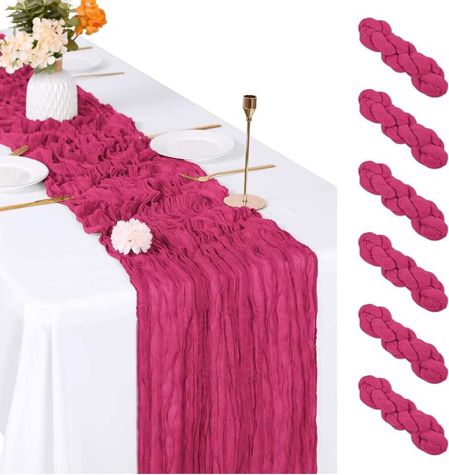 6 Pack Hot Pink Cheesecloth Table Runner, 17 x 108 inch, Semi Sheer Boho Cheese Cloth Fabric Table Runner Bulk for Wedding, Birthday, Party, Holiday, Home Decor (Hot Pink)