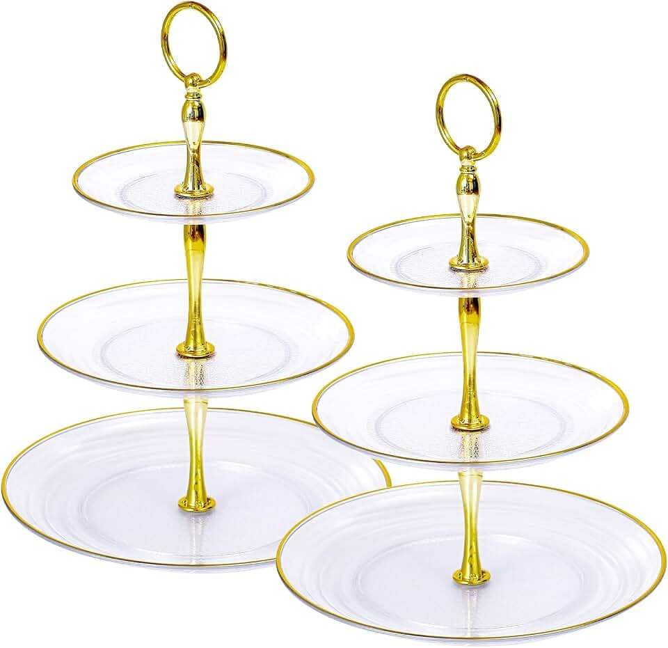 Soleebee 3-Tier Cupcake Stand, Round Plastic Tiered Serving Tray, Cup Cake Tower for Birthday Wedding Party Decoration, Cupcake Tier Stand Fruits Desserts Display 2 Pack (Clear Gold)