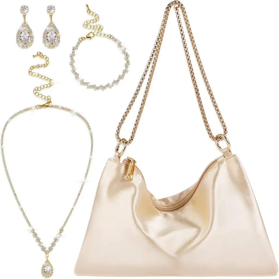 4 Pcs Women Satin Evening Purses Jewelry Sets