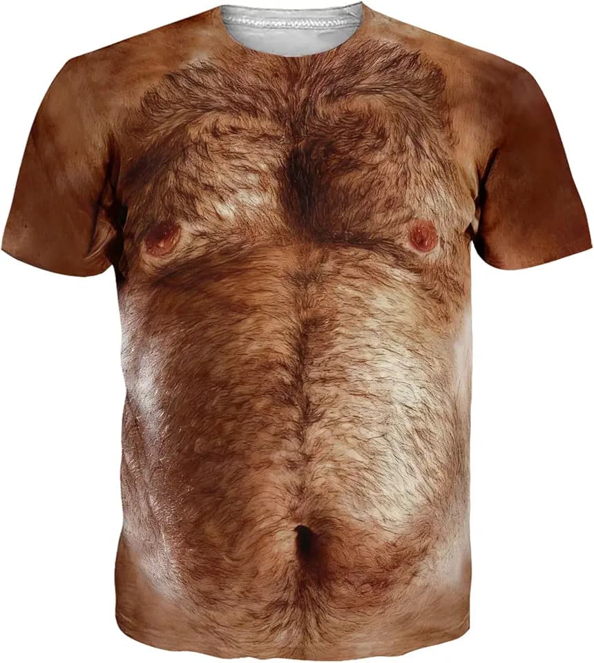 Fanient Mens Funny T-Shirt, 3D Hairy Chest Print, Novelty Crewneck Tee