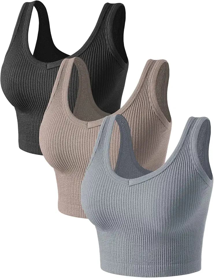 PINKSAVIOR Tank Tops for Women 3 Pack Crop Ribbed Fitted V Neck Tanktops