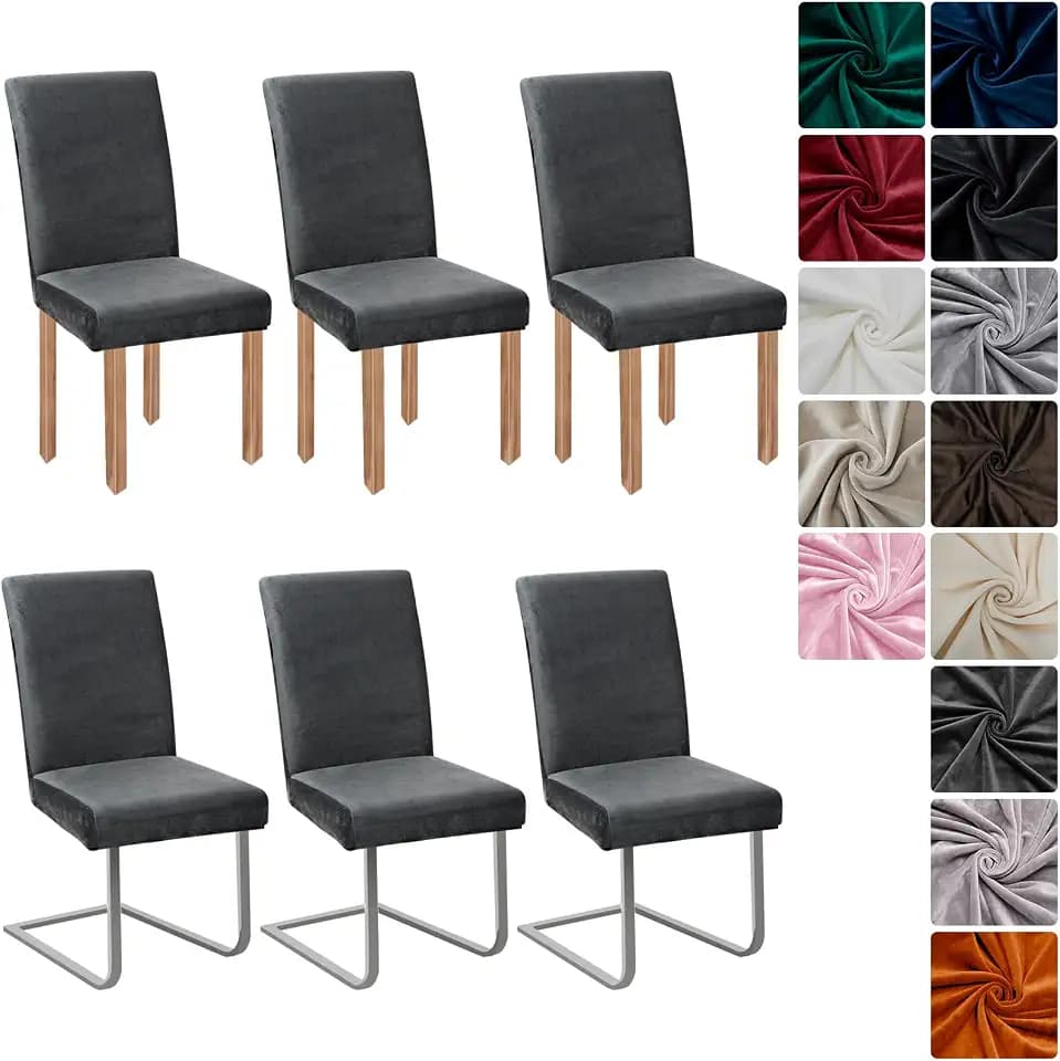 Stuhlhussen Samt 6er Set, Hussen Für Stühle, Stretch Stuhlbezug, Dunkelgrau