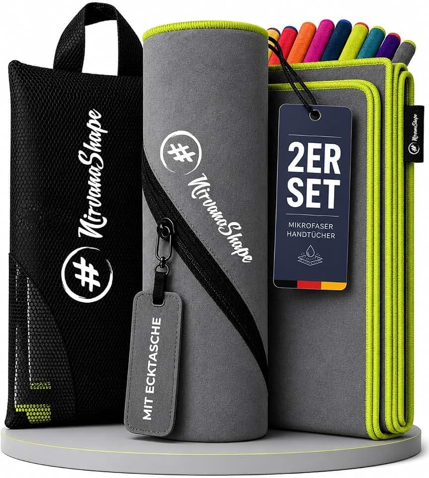 NirvanaShape Mikrofaser Handtuch, Microfaser Handtücher leicht, kompakt als Badetuch, Reisehandtuch, Strandtuch, Sporthandtuch, 2er Set L+S 140 x 70 + 60 x 40 cm