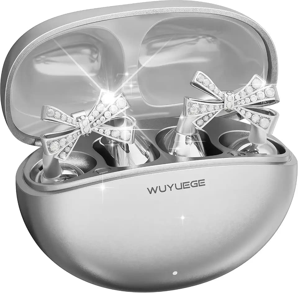 2026 Open Ear Clip On Earbuds with Detachable Butterfly Earrings, Bluetooth 6.0 Wireless Headphones for Women, 50H Playtime, Lightweight & Pain-Free Fit for Small Ears, IPX6，Great Gift Silver