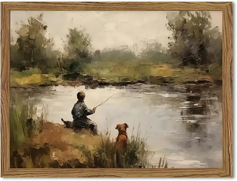 Vintage Wall Art, Boy Fishing Wall Decor Paintings, Dog and Boy Landscape Canvas Prints Vintage Country Farmhouse Artwork for Bedroom Living Room 10x8 inch Wood Framed