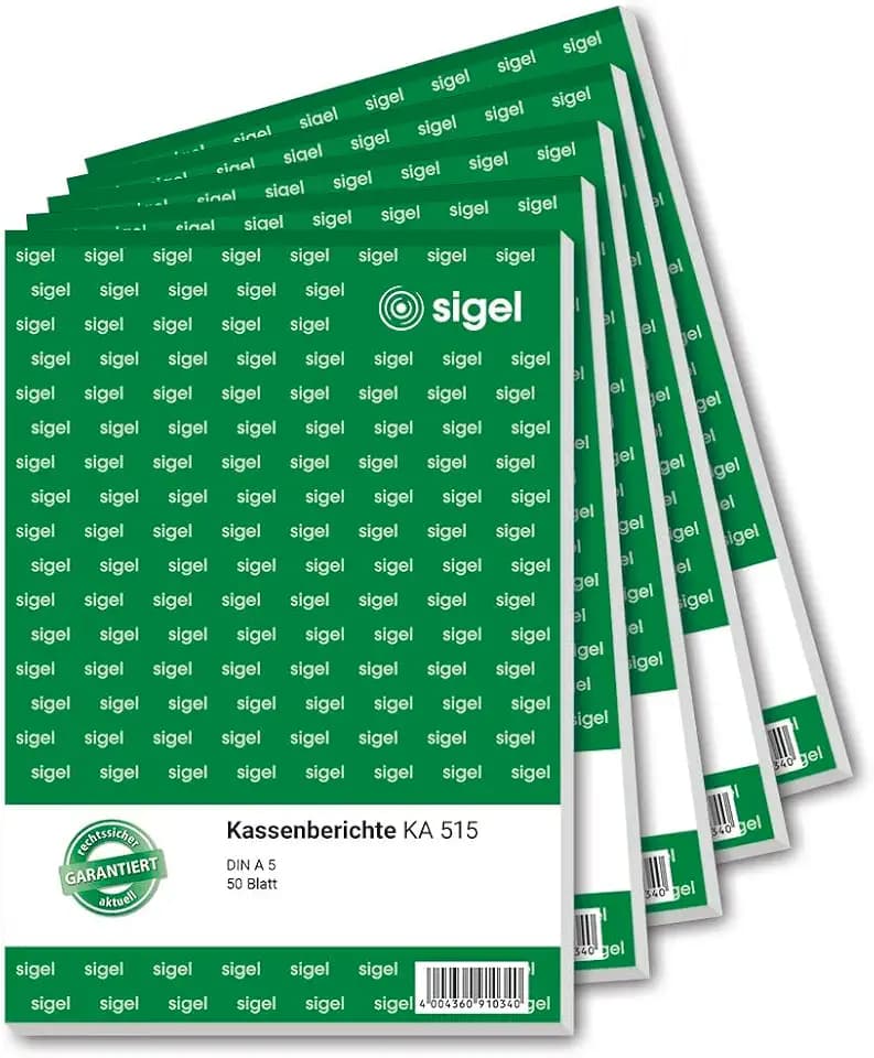SIGEL KA515 Kassenbericht A5, 5 Stück á 50 Blatt, zur korrekten Ermittlung des Tagesabschlusses, für Brutto- und Nettoverbuchungen, mikroperforiert, aus nachhaltigem Papier