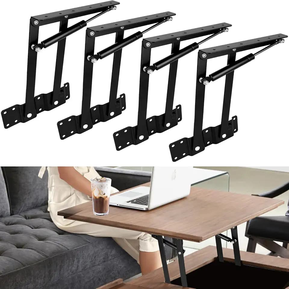 4PCS Coffee Table Lift Top Hardware, Heavy Duty Lift Up Hinges with Hydraulic Gas Spring, DIY Furniture Lifting Mechanism for Living Room Storage, Black 2.0mm Thick Iron (2 Pairs)
