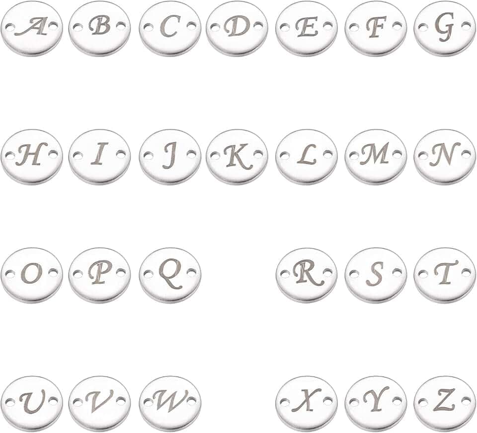 UNICRAFTALE 52St Edelstahl Brief Schmuckverbinder Charms Metall AZ Brief Anhänger Flach Rund Buchstaben Charms 1.2mm Loch Schmuck Verbinder Anhängers Für Halsketten Armband Schmuckherstellung