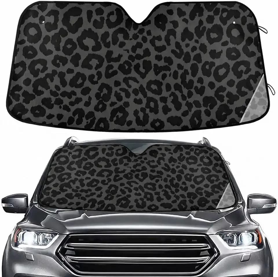 Windshield Sun Shade Dark Gray Leopard Cheetah Print Ram Front Window Block UV Shades Visor Reflective Retractable for Car SUV Trucks