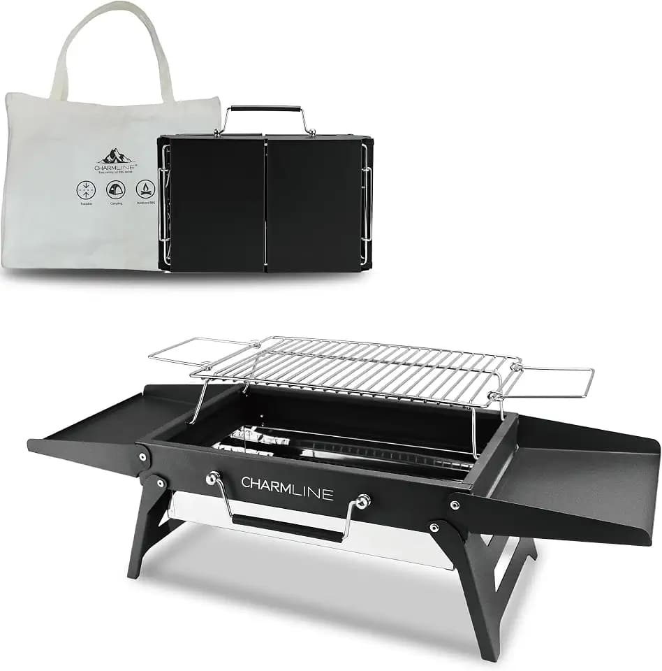 Charmline 14x9inch Foldable Portable Grill Charcoal, Compact Portable Grill for Outdoor Use, Desktop Charcoal Grill, BBQ Grills for Camping, Picnics, Gardens and Beach Parties, Black