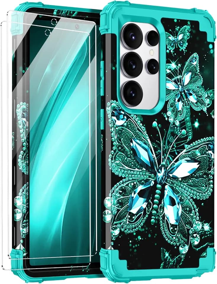 for Galaxy S25 Ultra Case,Glow in The Dark Three Layer Heavy Duty Shockproof Full Body Hard Plastic Bumper+Soft Silicone Protective Case for Samsung Galaxy S25 Ultra 5G,Blue Black