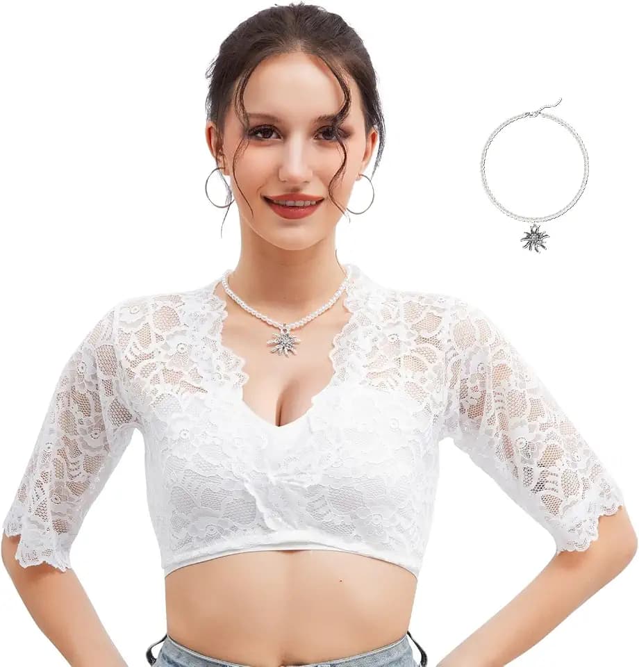 Dirndl Bluse Damen, Dirndlbluse Spitze mit 1 Edelweißkette, Dirndlblusen Dirndl Bluse Spitze, Trachtenblusen Traditionelles Stretchhemd V-Ausschnitt Für Bayrische Tracht Oktoberfest, Weiß