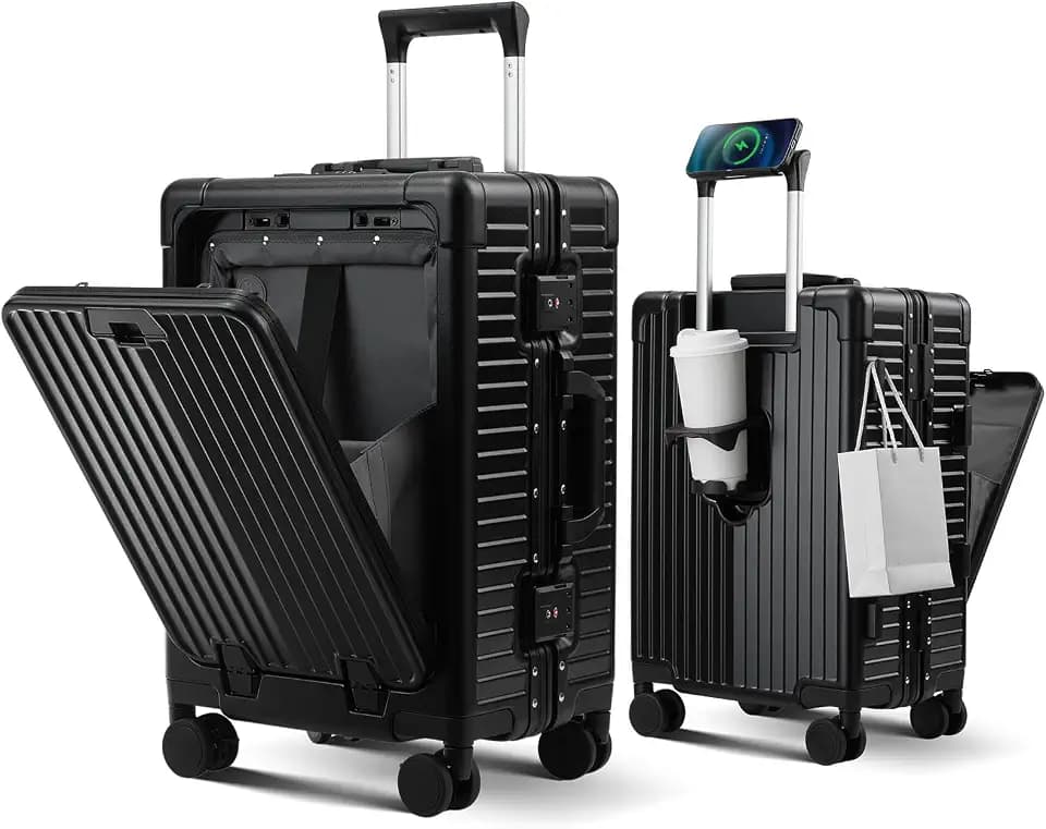 Carry on Luggage Aluminium Frame with Cup Holder,Top opening Suitcases and USB Charging Port,Lightweight with Front Pocket Rolling Suitcases with Spinner Wheels