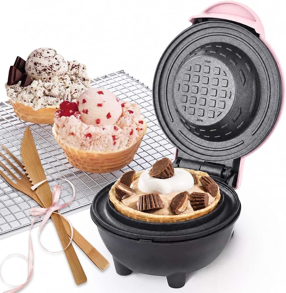 Rosa Mini Waffelschalen Maker mit Bambus-Gabel & Messer, 4 Zoll Kleiner Waffelbecher Maschine für Eisbecher, Tacos & Desserts, 350W Antihaft Waffeleisen, Kompaktes Geschenk für Kinder & Familie