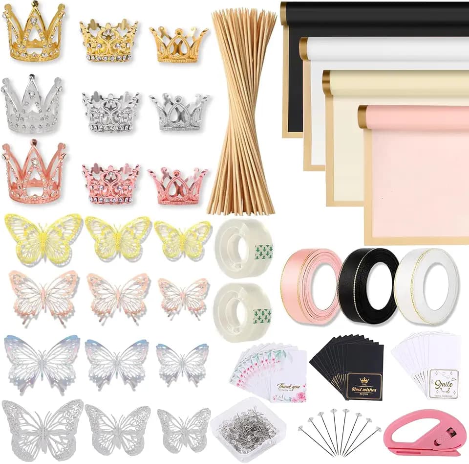 Majreey Floral Wrapping Paper Kit, 80Sheet Waterproof Floral Paper, 3Rolls Ribbon for Flower Bouquet, 2Rolls Transparent Tape,100Pcs Flower Pins, 48Pcs 3D Butterflies, 9Pcs Crowns for Florist Wrapping