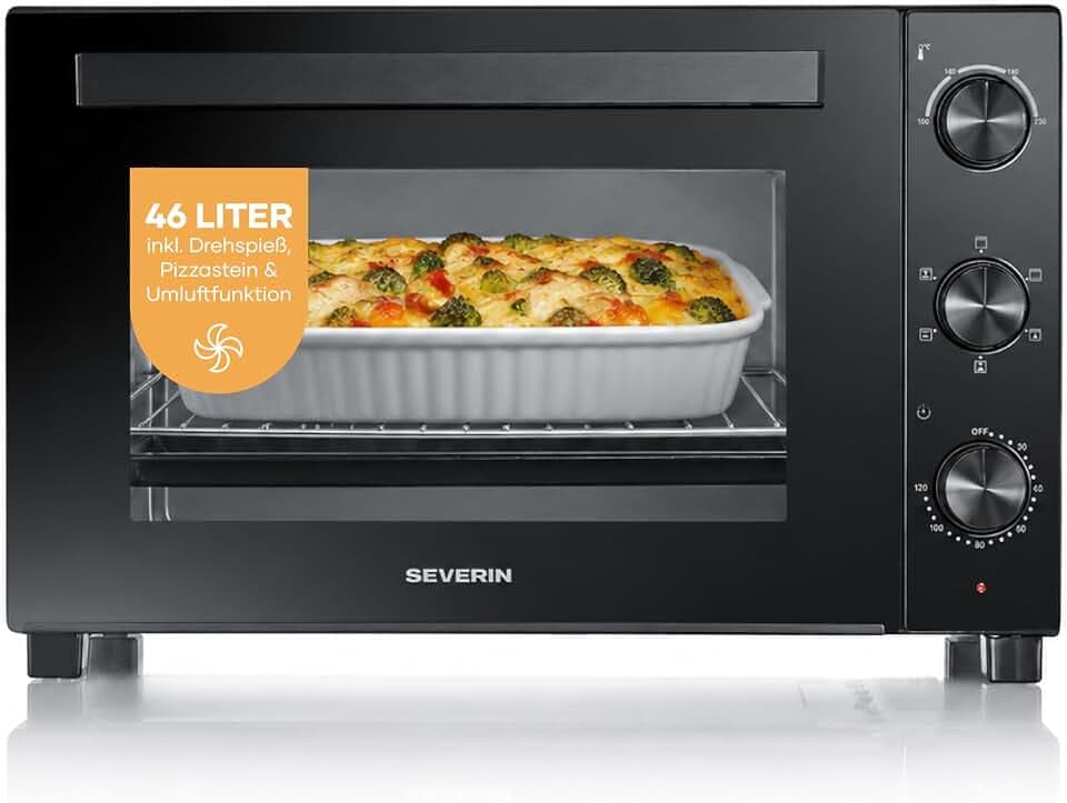 Severin Back- und Toastofen mit Umluftfunktion, inkl. Drehspieß für Fleisch, vielseitiger Heißluftofen mit 46 L Kapazität, Aufbackofen, 100-230 Grad Celsius, Timer 120 Min., 1800 W, schwarz, TO 9025