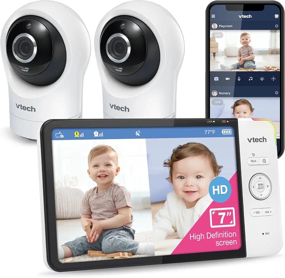 VTech RM7764-2HD Smart WiFi Baby Monitor with 2 Cameras, 1080p HD Video, 360° Pan & Tilt, 10x Zoom, 7" HD Parent Unit, Night Vision, Soothing Sounds, 2-Way Talk, Temperature & Motion Detection