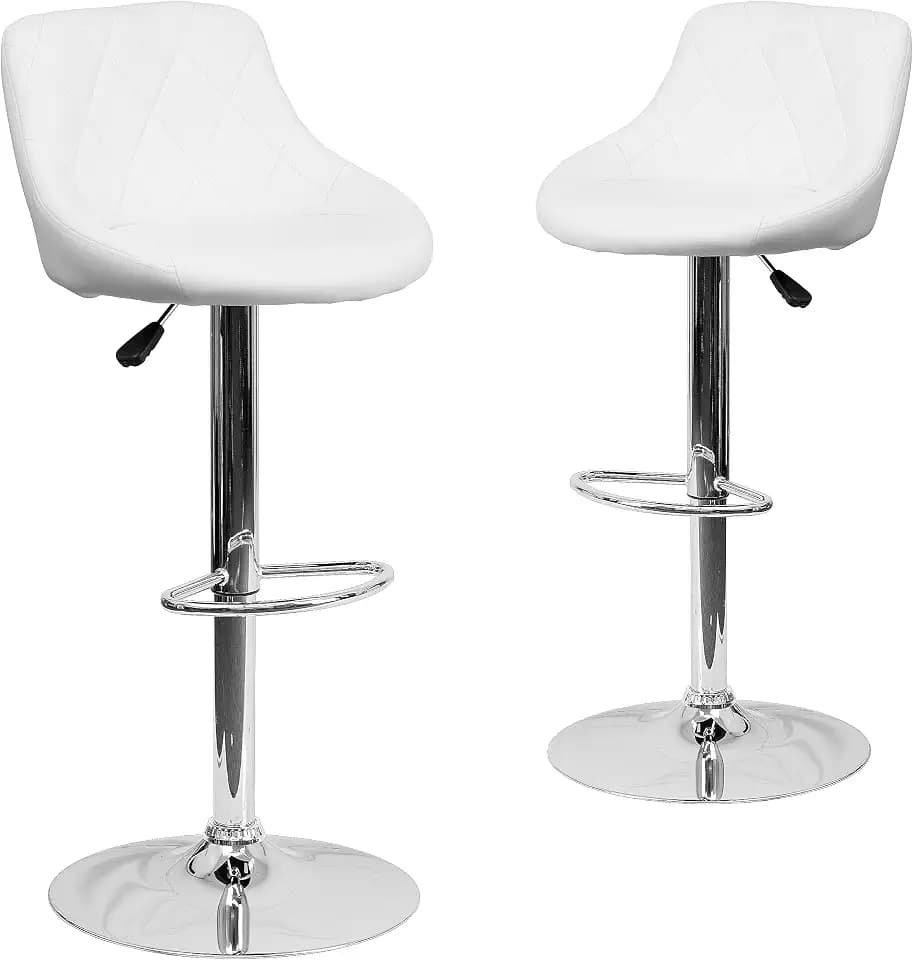 Flash Furniture Caldwell Barhocker aus Vinyl, höhenverstellbar, mit Rautenmuster, Rückseite und Chromsockel, Weiß, 2 Stück