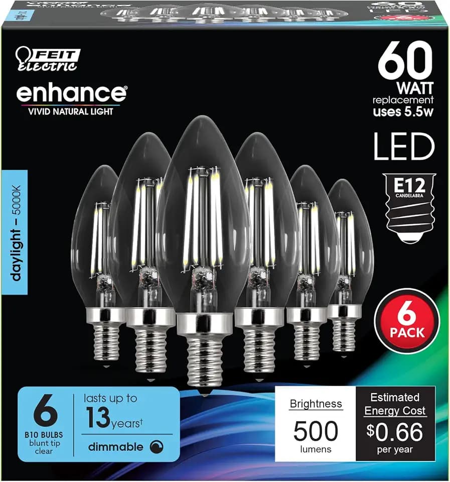 Feit Electric B10 Enhance LED Light Bulb, 60W Eq, Torpedo Tip, 6 Pack