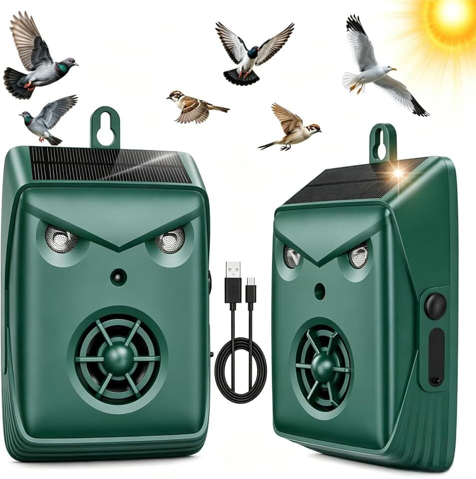 2026 Upgraded Solar Ultrasonic Bird Repellent Devices Outdoor,2 Pcs Woodpecker Deterrent for House,USB Charging & Waterproof Goose Pigeon Bird Deterrents for Outside,Birds Repeller for Garden Orchard
