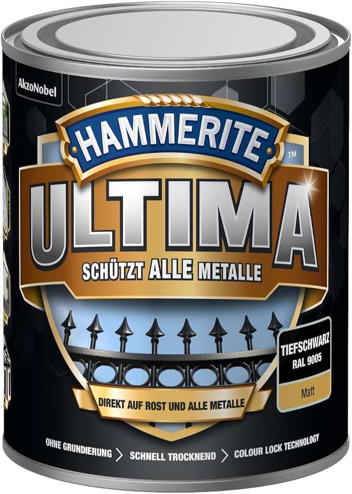 Hammerite Ultima Matt, Metallschutzlack, Hochwertiger Schutzlack für alle Metalle im Außenbereich, Tiefschwarz RAL 9005, 750 ml