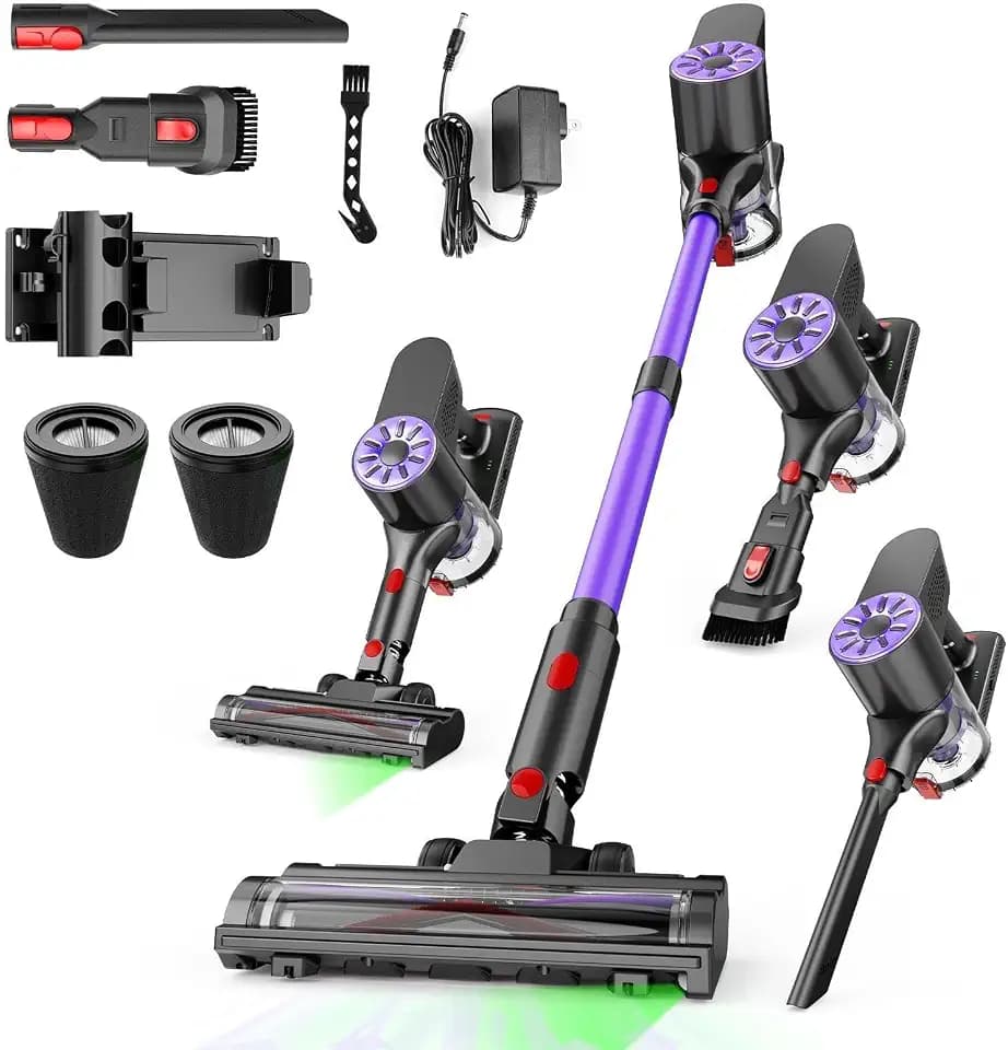 Akku Staubsauger,45000Pa/45 Mins Staubsauger Kabellos mit Anti-Tangle Bodenbürste, 2 Filterelemente,Ladestation zur Wandmontage,6-IN-1 Akkustaubsauger für Teppich/Tierhaare/Hartböden