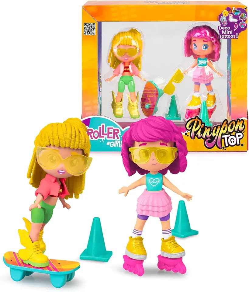Pinypon TOP Roller Girls, Set mit 2 Mädchen auf Rädern, 1 mit Rollschuhen und 1 mit Skateboard, bewegliche Arm- und Beinfiguren, austauschbare Kleidung und Schuhe, inklusive Zubehör, Famosa (PNN04000)