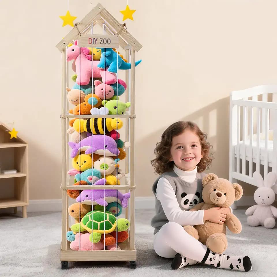 Sunowl Kuscheltier Aufbewahrung, Stofftier Aufbewahrung Mit 360°Bremse-Ausgestattete Räder,146 * 47 * 35cm für Kinderzimmer, Spielzimmer, Wohnzimmer usw(mit Dach)