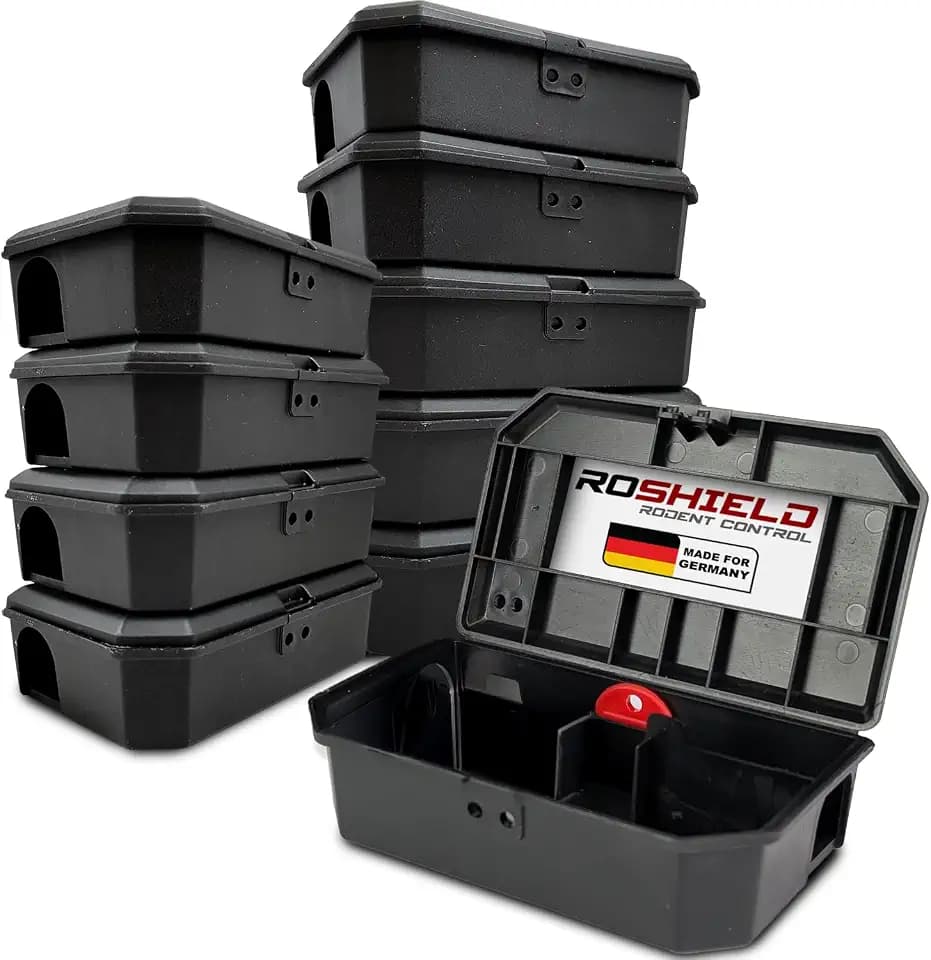 Roshield 10 x Schwarze, manipulationssichere Mäuseköderboxen - hält Mäusegift sicher von Kindern und Haustieren fern (leer - kein Nagetierköder enthalten)