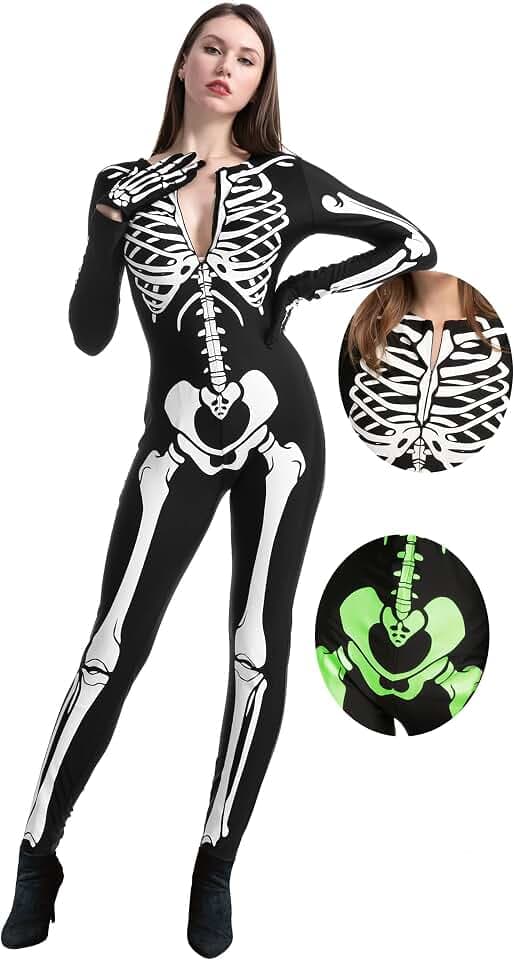 Spooktacular Creations Skelett-Kostüm für Erwachsene, Damen, leuchtet im Dunkeln, für Halloween, Kostümparty, Rollenspiel, Cosplay