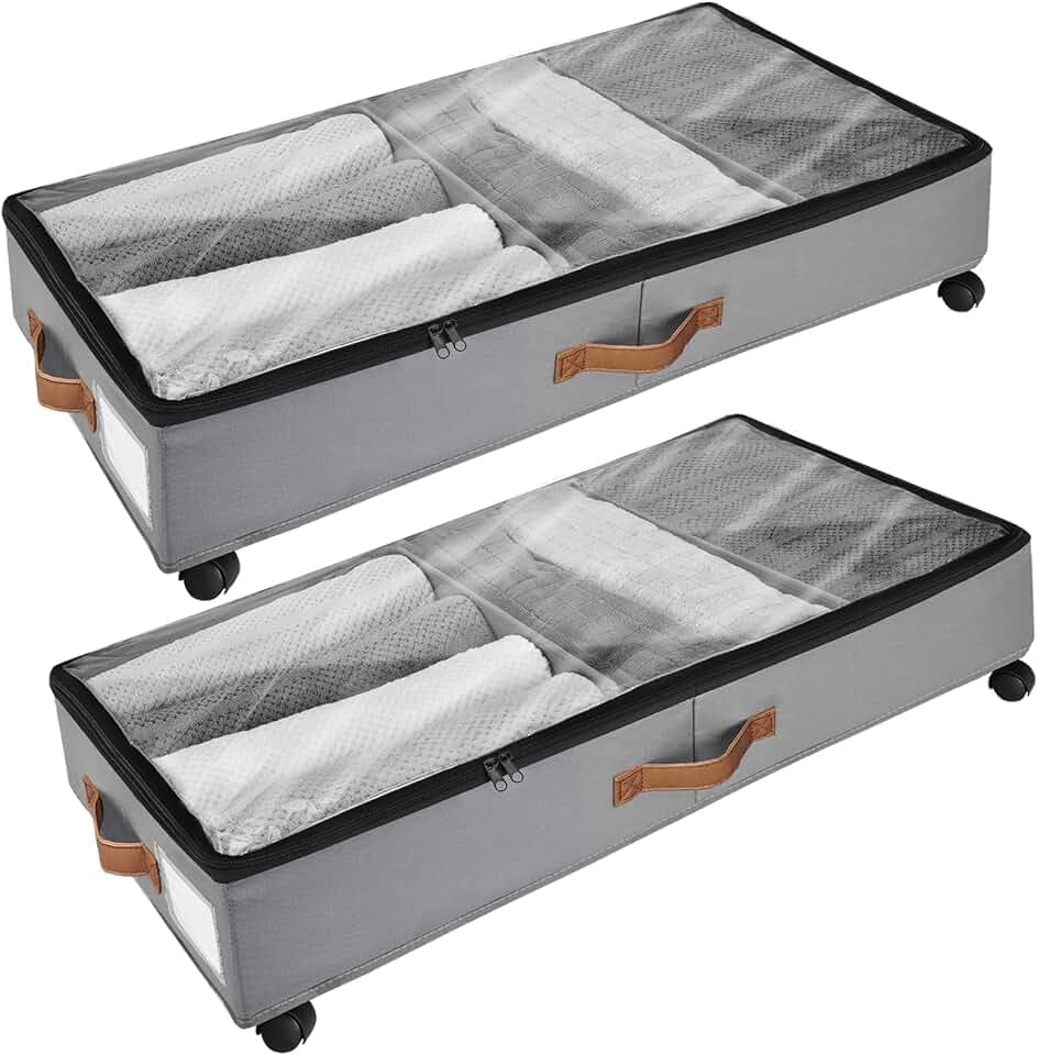 2 Stück Unterbett Aufbewahrung, Unterbettkommode mit Rollen 360° Drehung and Metallrahmen, Faltbare Großes Fassungsvermögen Vliesstoffe Aufbewahrungstasche für Kleidung, Schuhe und Decken
