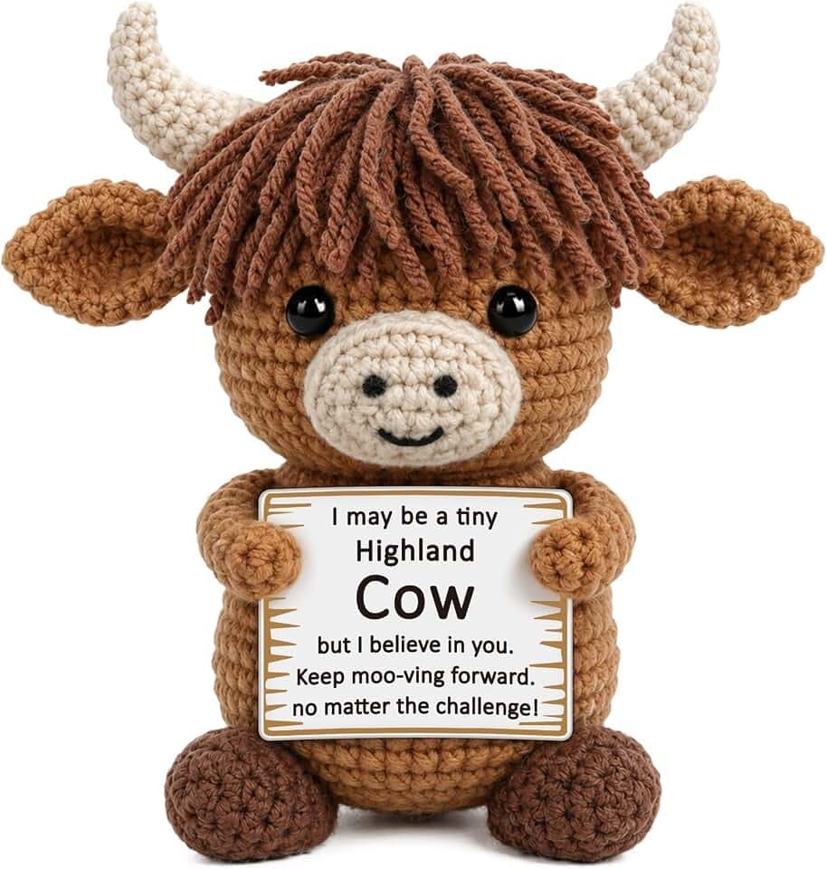 Xinezaa Highland Cow Birthday Gifts for Women Men, Emotional Inspirational Support Gifts for Friend Coworker Sister Boss Boy Girls, Cute Small Bosses Day Christmas, Positive Crochet Highland Cow Decor