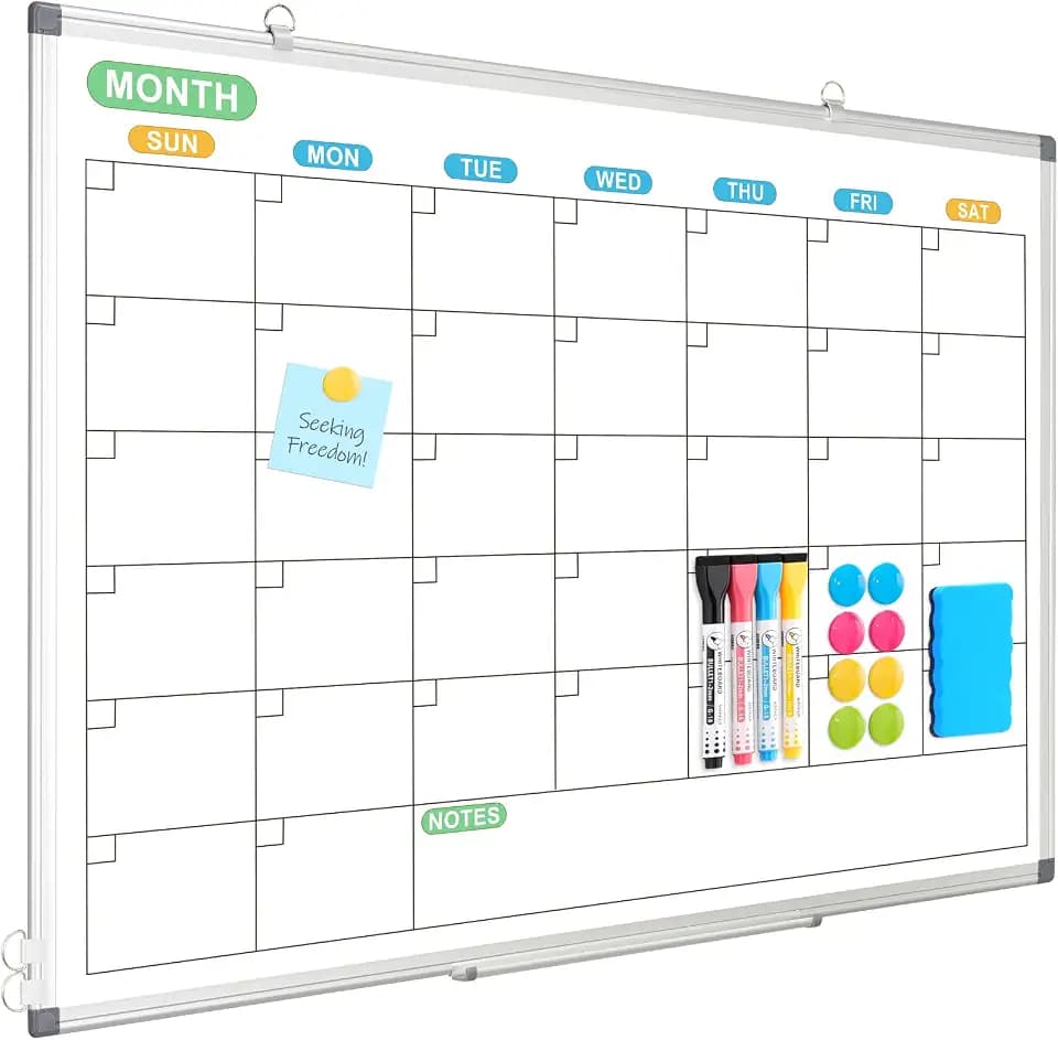 WALGLASS Dry Erase Calendar Whiteboard for Wall, 36" x 24" Silver Frame