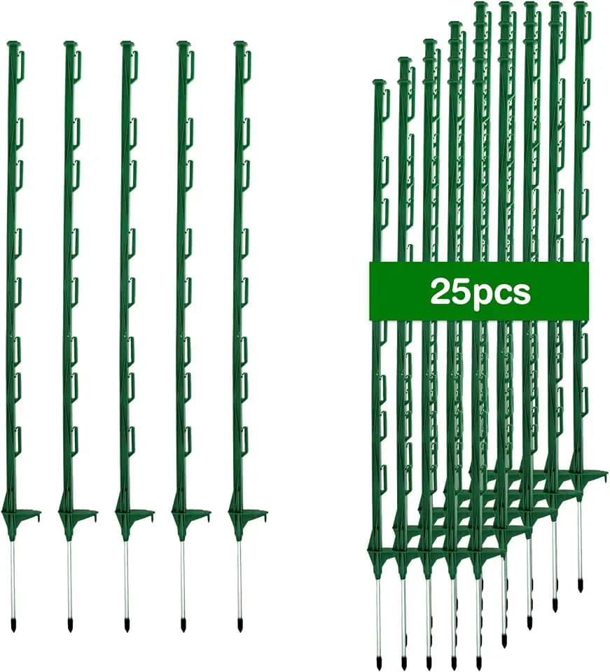 25Pack,48 Inch Heavy Duty Electrical Fence Post - UV Resistant Plastic Fence Posts for Livestock, Garden & Pasture, Easy Installation No Dig (Green)