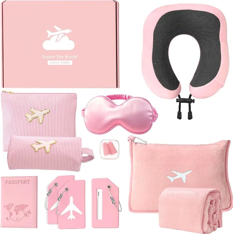 Travel Gifts for Women，Long Flight Essentials，Traveling Essentials for Women，International Travel Items Inclue Blanket with Bag，Neck Pillow，Makeup Storage Bag，Etc