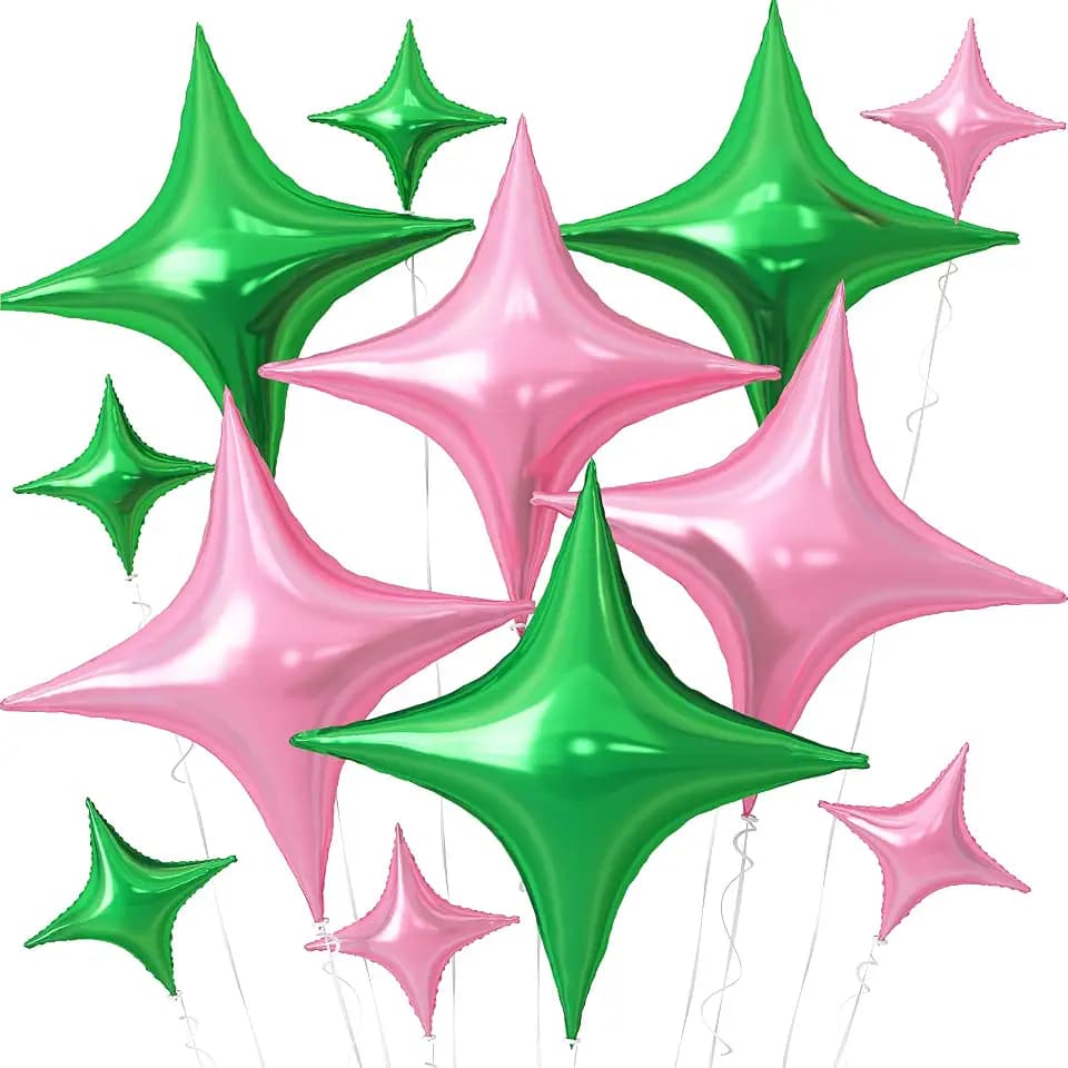 Pink Green Star Balloons,12Pcs Four Angle Star Foil Balloons