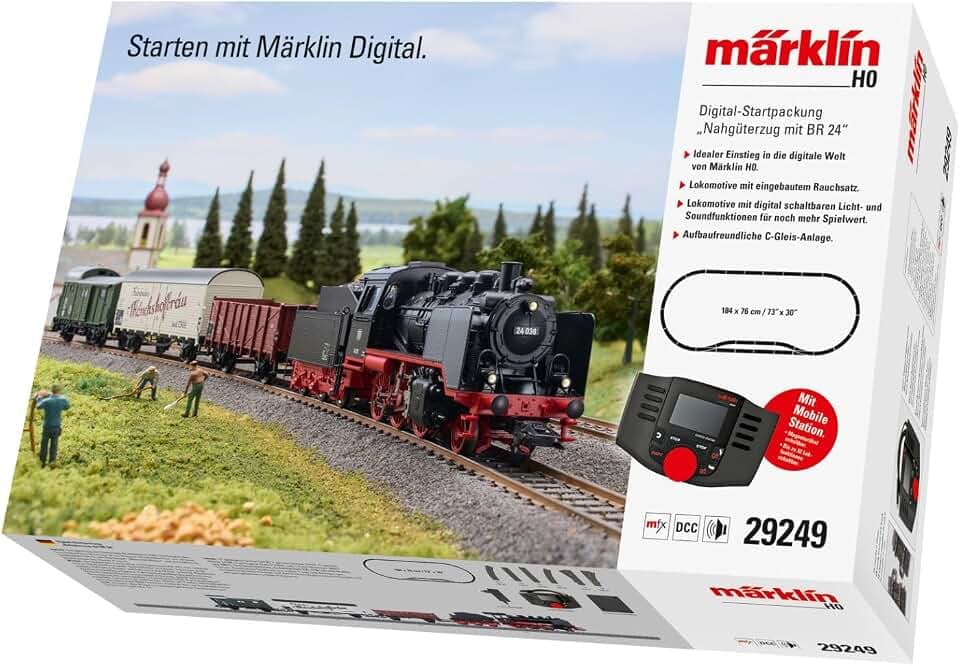 Märklin 29249 Startpackung Nahgüterzug mit BR 24 – Digitale Dampflok mit Sound & Rauch, Mobile Station, C-Gleis Set – Modelleisenbahn Startset Spur H0