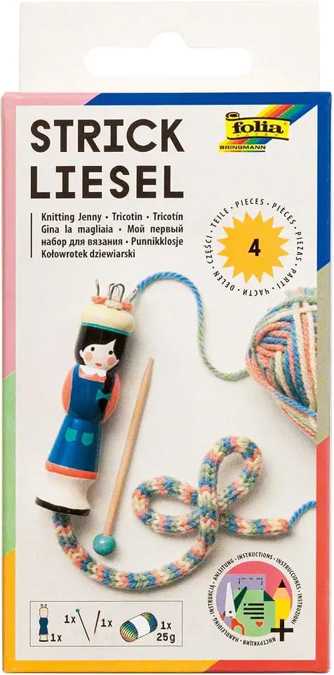 folia 24919 - Strickliesel inklusive Wolle, Holzstricknadel und Sticknadel, Pastell-Regenbogen