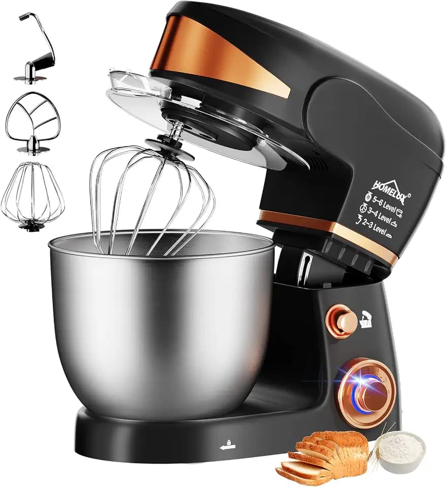 HOMELUX 2000W Küchenmaschine Multifunktional Knetmaschine, 5L Knetmaschine inkl 3-Teiligem Patisserie-Set und Spritzschutz, 6 Geschwindigkeit mit Edelstahlschüssel Teigmaschin SC-206 (Black+Gold)