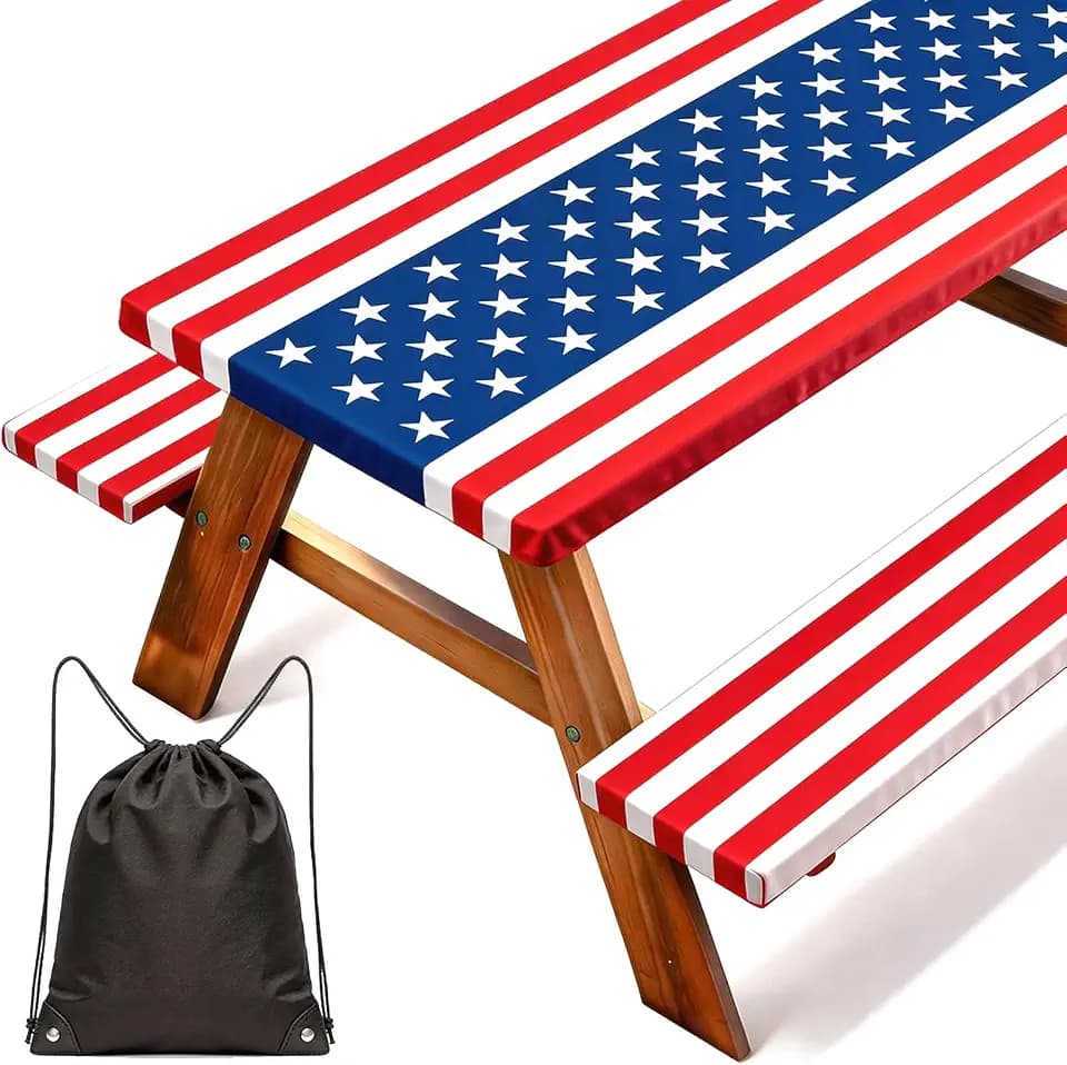 NUOLAN 6FT American Flag Picnic Table Cover with Bench Covers Set 250th Anniversary 4th of July Windproof Waterproof Fitted Tablecloth with Elastic for Patriotic Outdoor Decor Camping
