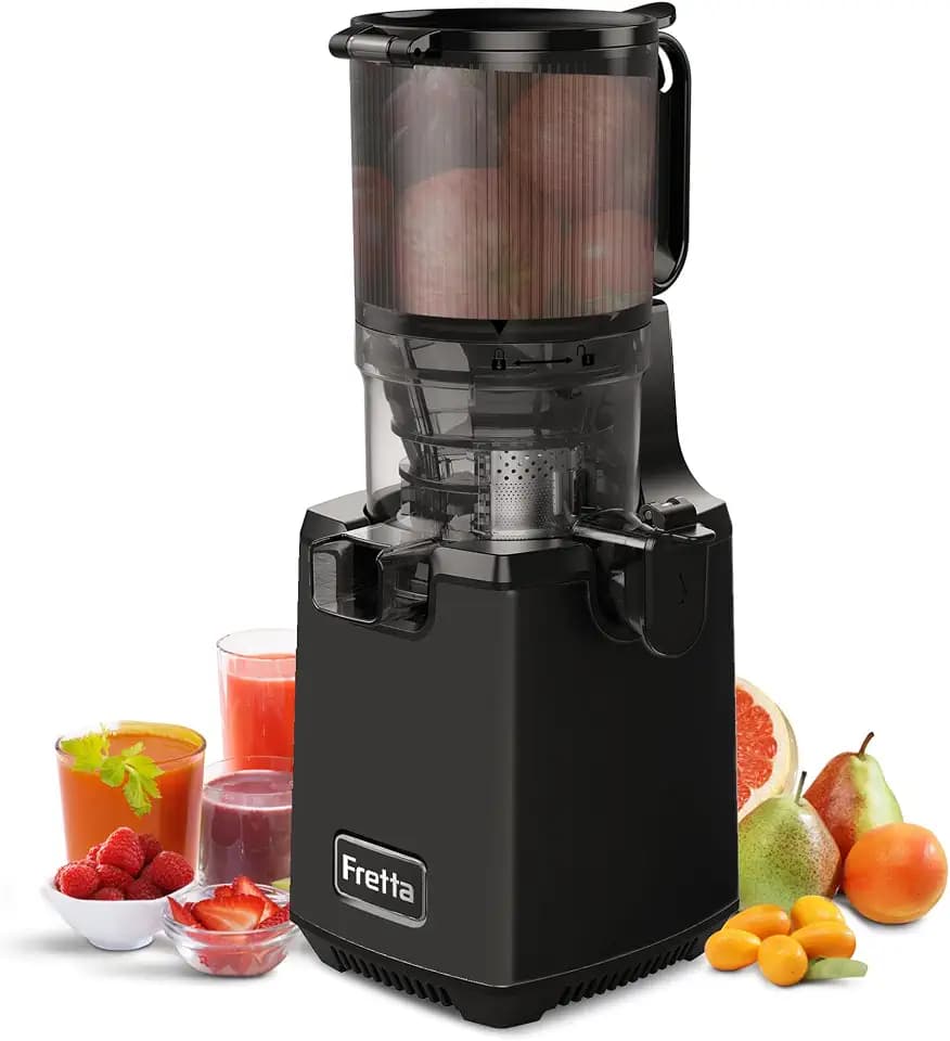 Fretta Entsafter Slow Juicer, Entsafter Gemüse und Obst Testsieger, 135MM Öffnung & 1,8L Juicer Machine mit Umkehrfunktion, Einfache Installation, Leicht zu Reinigen, 100% BPA Frei (Schwarz)