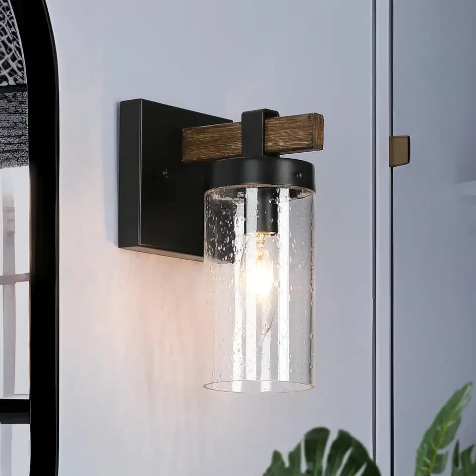Sconces Wall Lighting, 1-Light Black and Faux Wood Wall Sconce Light, Modern Bedroom Bathroom Wall Sconces Indoor with Seeded Glass Shade