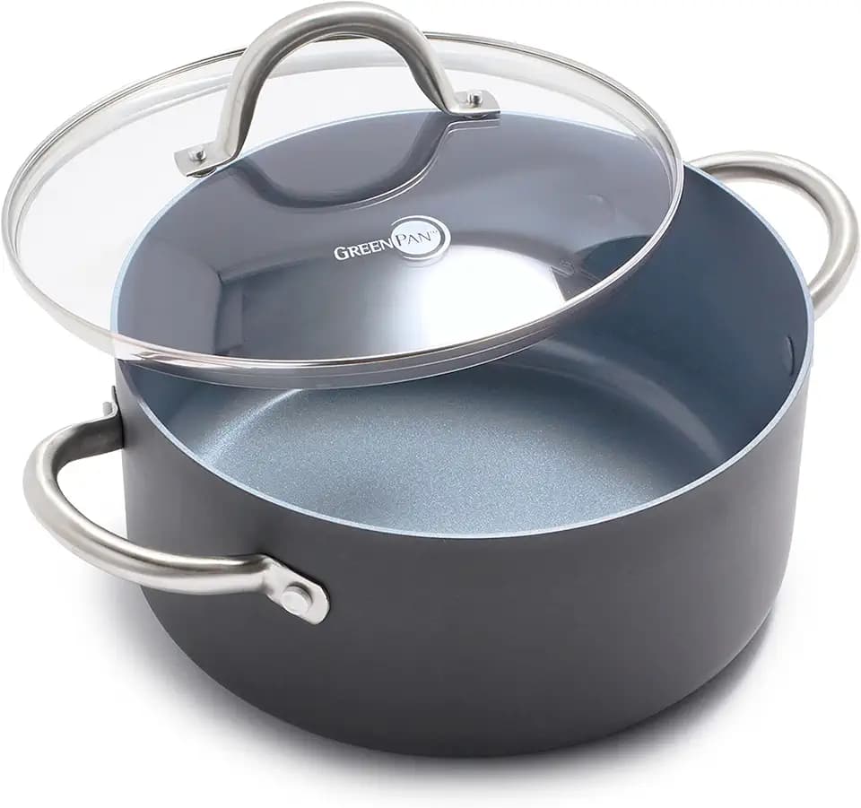 GreenPan Lima 5.2QT Nonstick Stock Pot with Glass Lid, Nontoxic PFAS-Free Ceramic Casserole, Hard Anodized Cookware, Oven & Broiler Safe, Stainless Steel Handles, Gray