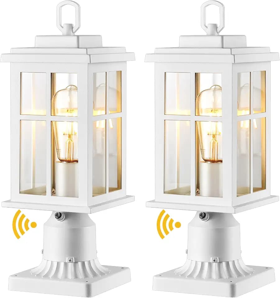 2 Pack Dusk to Dawn Outdoor Post Lights, White Post Lights Outdoor with Pier Mount Base, Waterproof Lamp Posts Outdoor Lighting with Tempered Glass for Garden, Porch(Hardwired 120V, Not Solar)