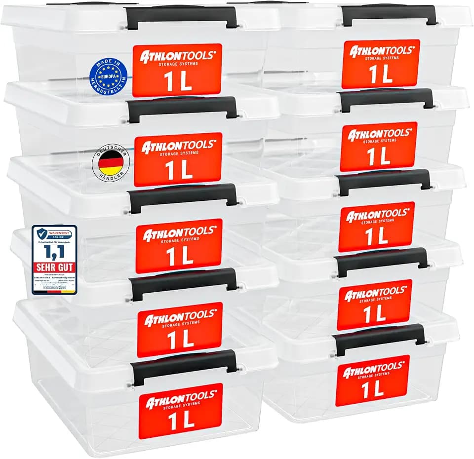 ATHLON TOOLS 10er Set 1l Aufbewahrungsbox mit Deckel klein BPA-frei | 100% Lebensmittelecht - Plastikbox mit Deckel stapelbar - Aufbewahrung & Ordnung - Kunststoff Stapelboxen aus Neumaterial
