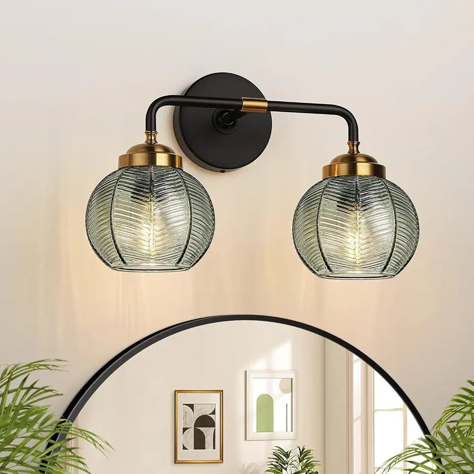 MOKATNG Bathroom Light Fixtures, 2-Light Green Vanity Lights with Unique Leaf Texture Glass Shade, Modern Matte Black and Gold Bathroom Wall Lamp for Mirror Hallway Cabinet Living Room