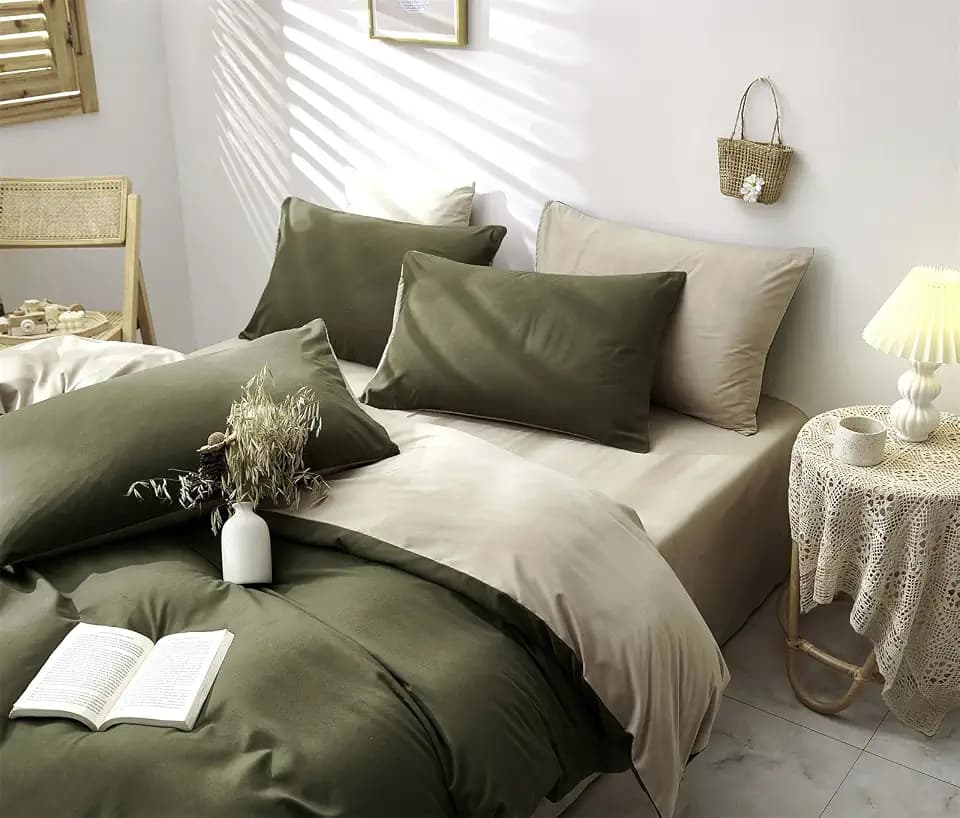 Freyamy Bettwäsche 220x240 cm Grün Dunkelgrün Beige Uni Einfarbig Wendebettwäsche Gewaschene Mikrofaser 3teilig Bettwäsche Set 1 Deckenbezug und 2 Kissenbezug 80x80 cm mit Reißverschlüsse