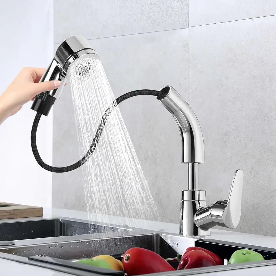 Küchenarmatur Ausziehbar, 360° Drehbar Wasserhahn Küche mit 2 Strahlarten Säulentyp Wasserauslass und Duschwasserauslass, Anhebbare Armatur küche, Spültischarmatur für Küchenspüle, Chrom